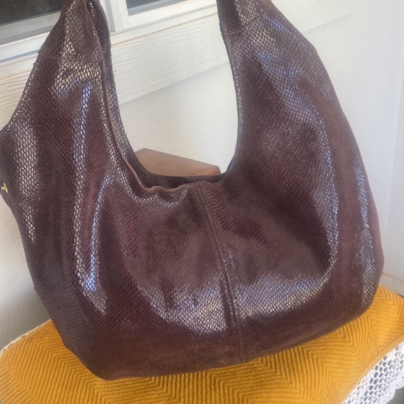 Couture Leather glossy reptile hobo shoulder bag wet look deep chocolate - Picture 1 of 13